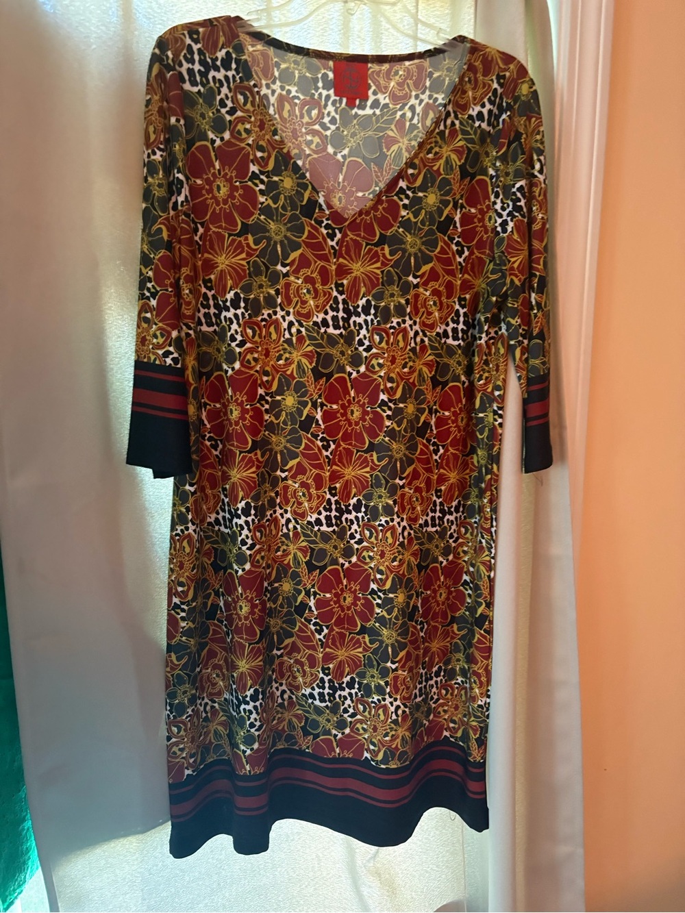 Tracy Negoshian Burgundy and Gold Floral V-Neck Midi Dress